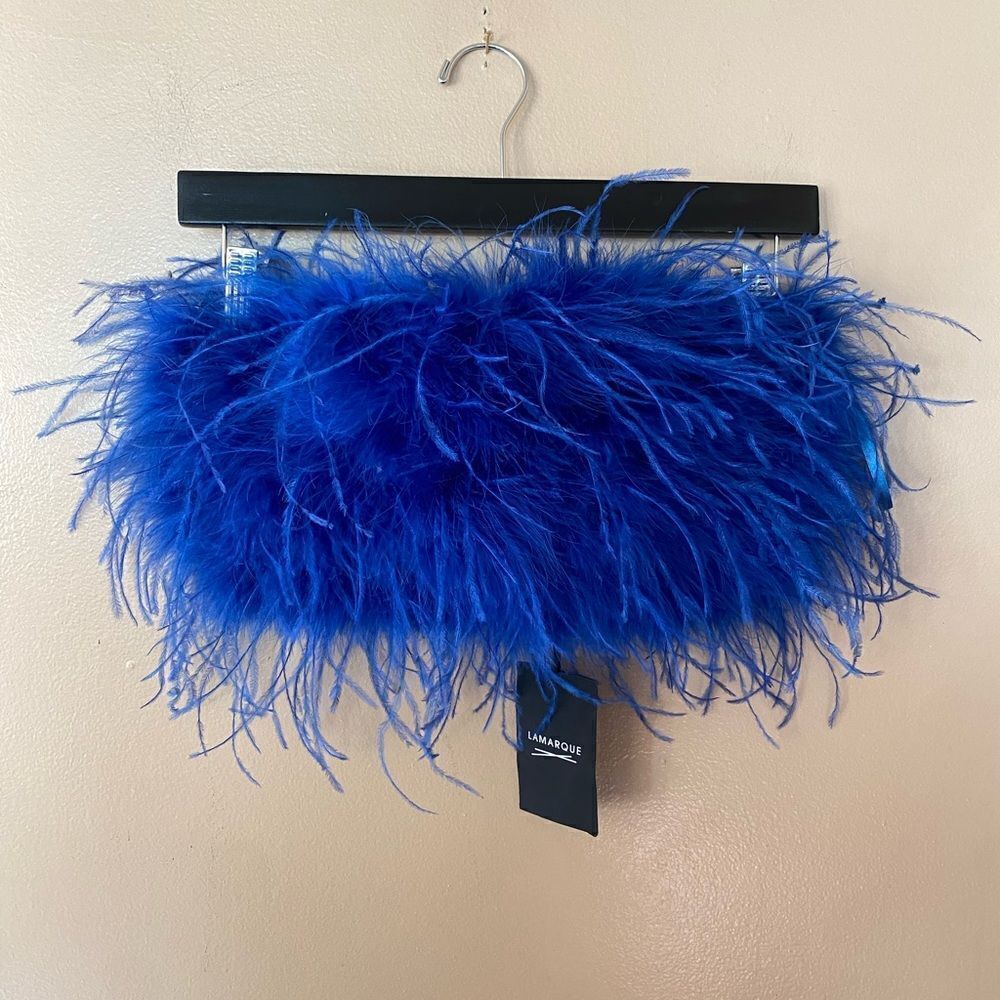 NWT LaMarque Zaina Top maribou feather bandeau bustier cobalt blue Revolve XS - Picture 2 of 10